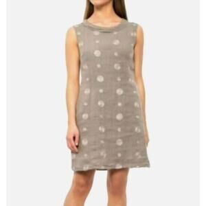 Lina Tomei Italy Linen Dress Womens XL Tan Embroidered Polka Dot Shift